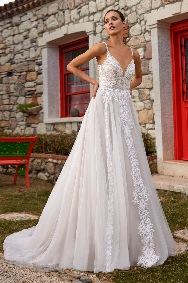 Whitney V Neck Lace Applique Tulle A Line Wedding Dress