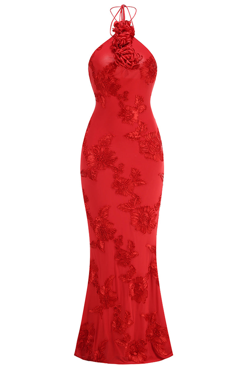 Alberty Floral Halter Neck Maxi Dress | Jewelclues #color_red