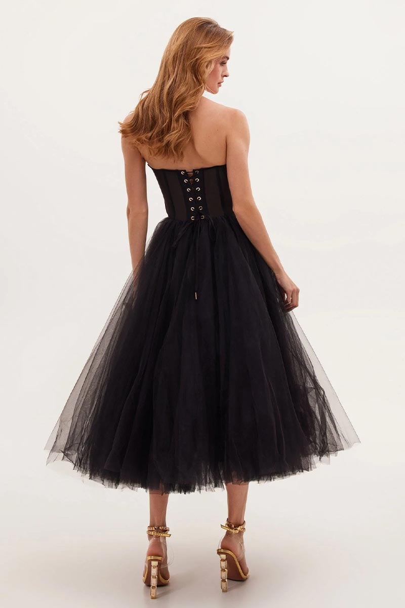 All For Love Strapless Tulle Midi Dress | Jewelclues | #color_black