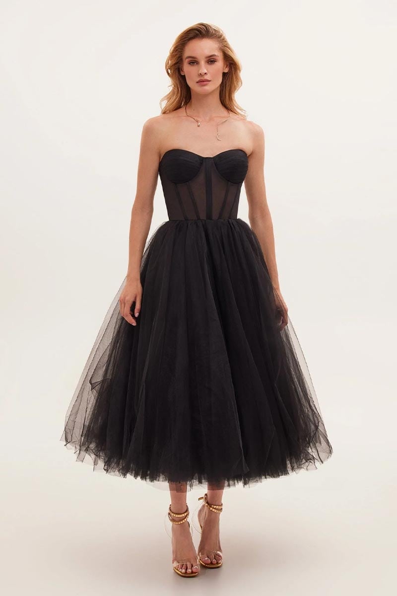 All For Love Strapless Tulle Midi Dress | Jewelclues | #color_black