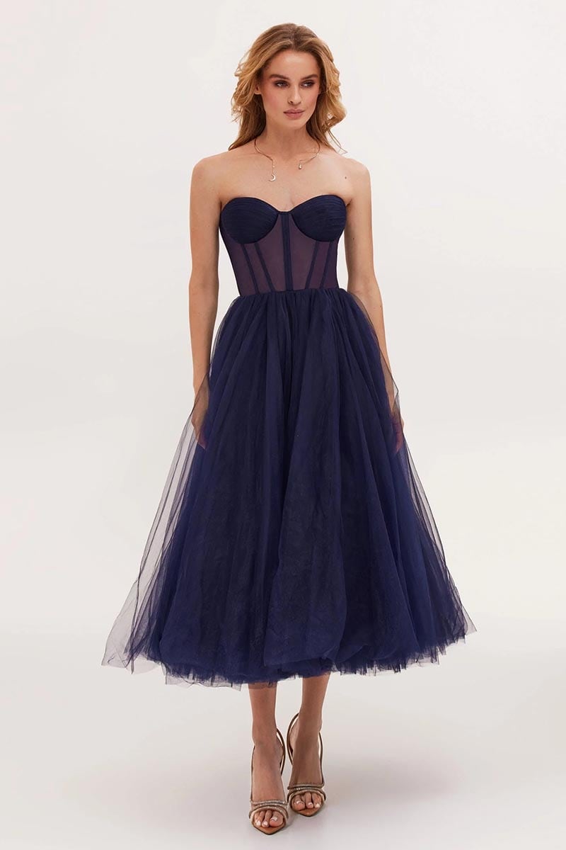 All For Love Strapless Tulle Midi Dress | Jewelclues | #color_navy blue