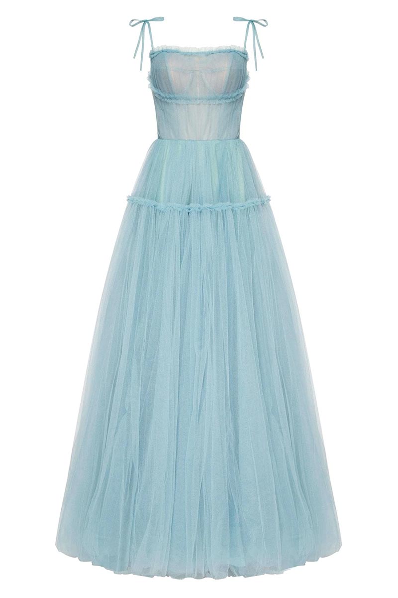 Alluring Beauty Tie-Strap Tulle Maxi Dress | Jewelclues | #color_dusty blue