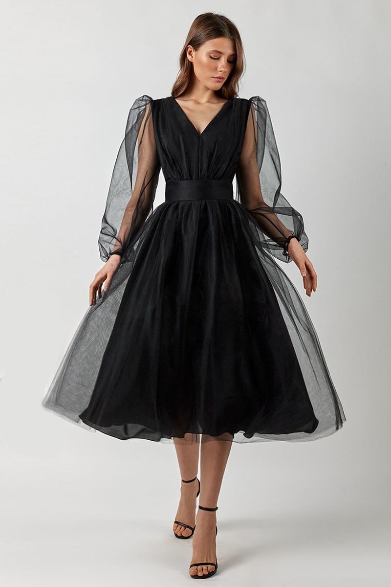 Anna Tulle Midi Dress | Jewelclues #color_black