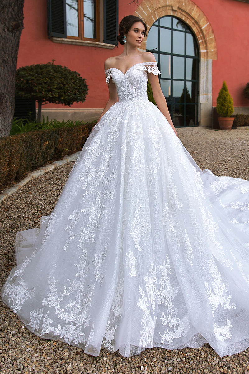 Romantic Lace Wedding Dress. Flowy Sparkling Wedding Dress With Floral  Bodice. Wedding Dress With Dropped Sleeves. Non-fluffy Wedding Dress -   Canada