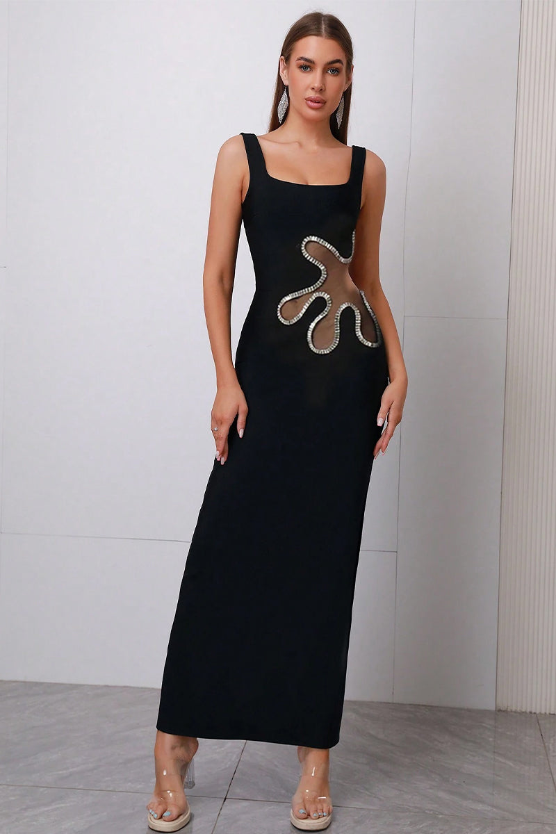 Beeba Black Rhinestone Cutout Maxi Dress | Jewelclues