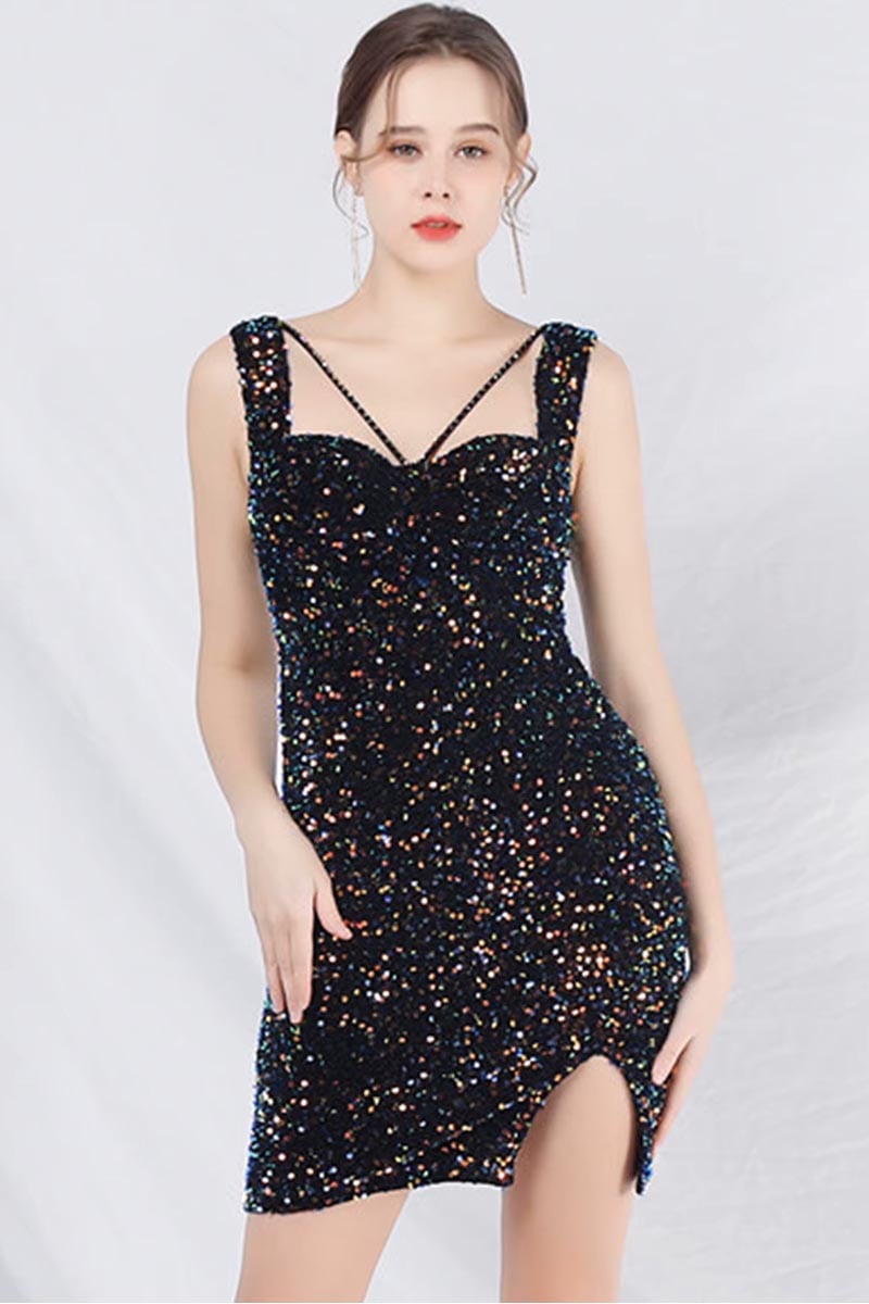 Divine Dazzle Sequin A-line Mini Dress | Jewelclues #color_black