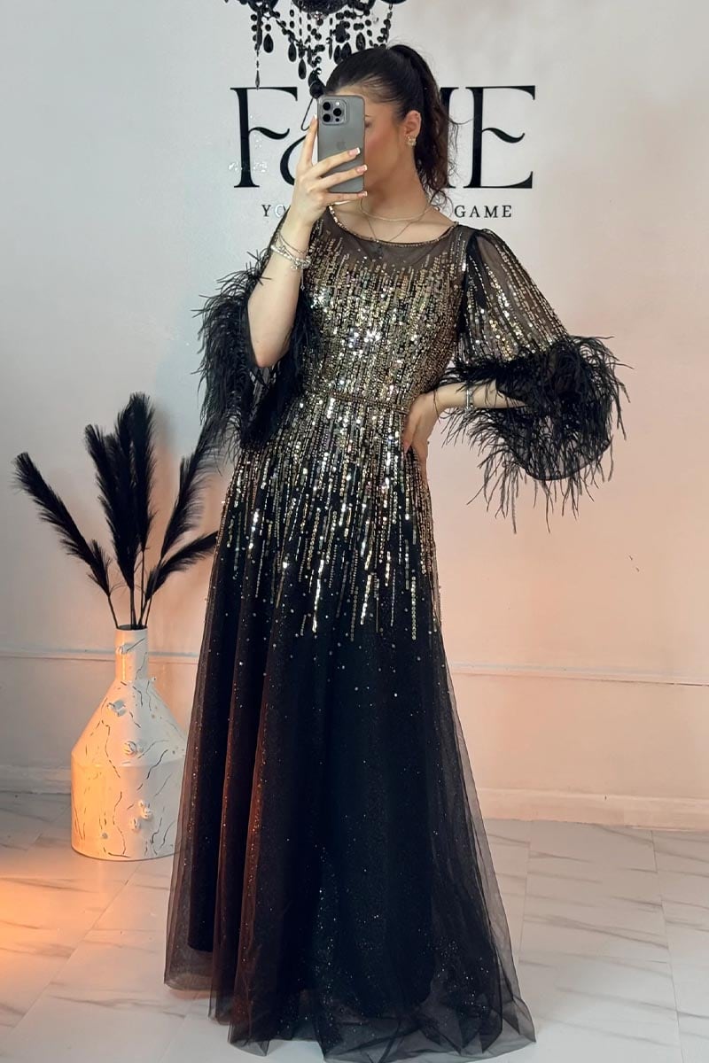 Evening Poem Sequin Feather Maxi Dress | Jewelclues #color_black