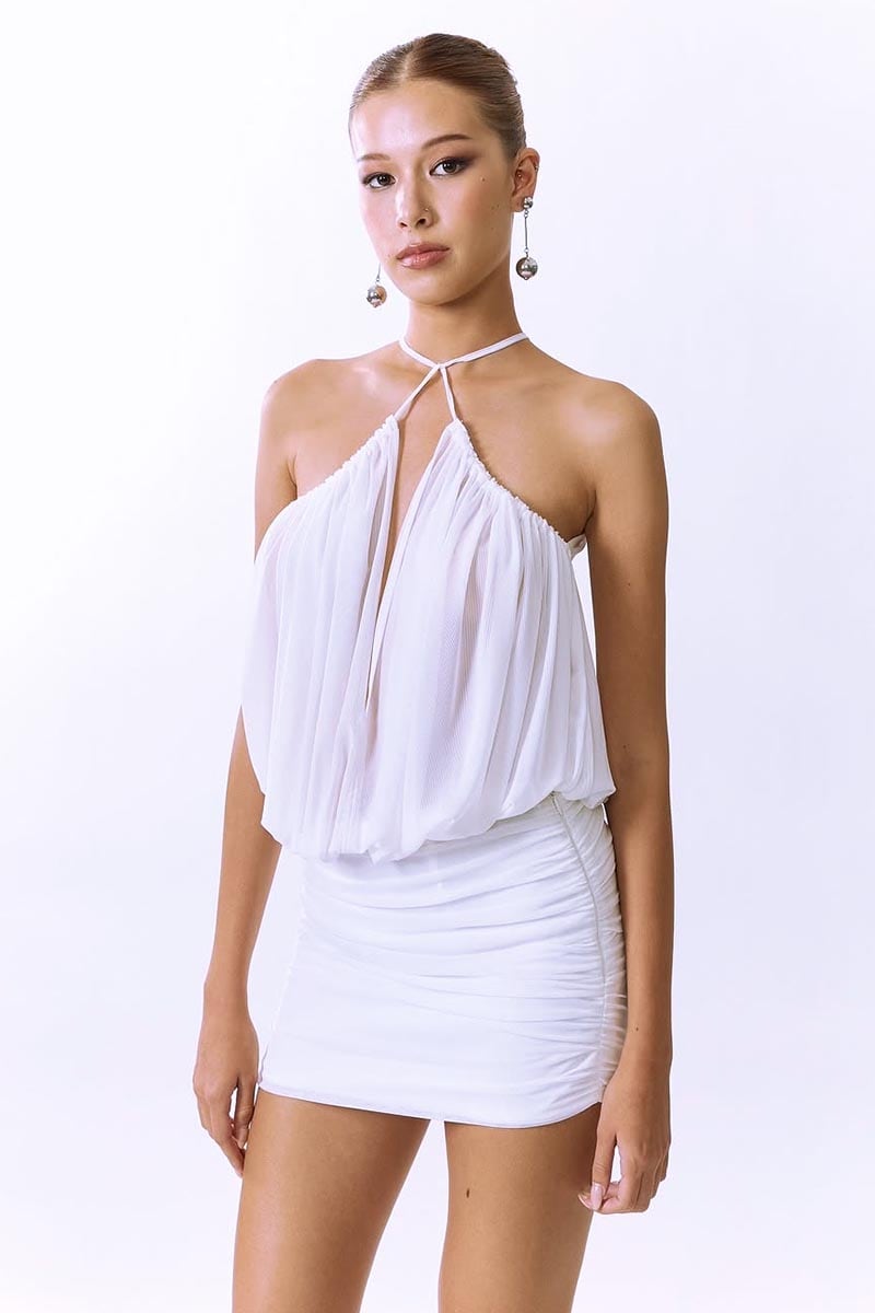 Flirtatious Allure Halter Mini Dress | Jewelclues #color_white