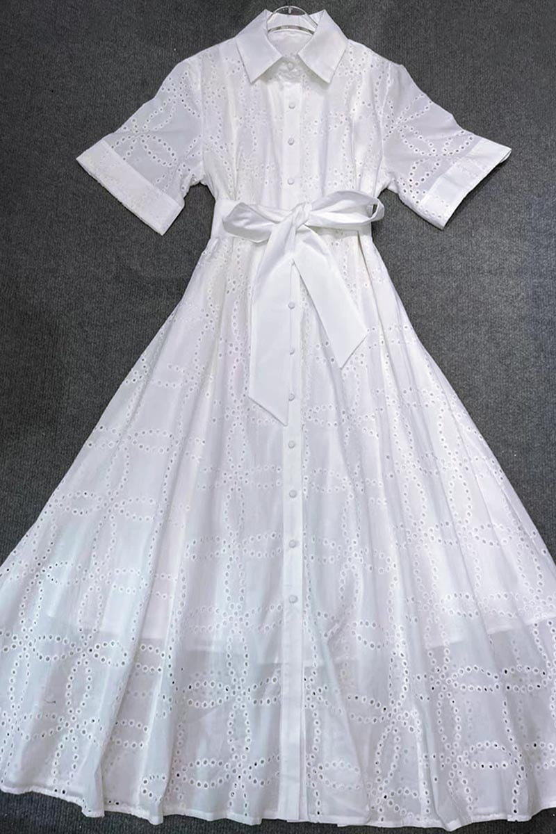 Fresno White Eyelet Button-Up Midi Dress | Jewelclues