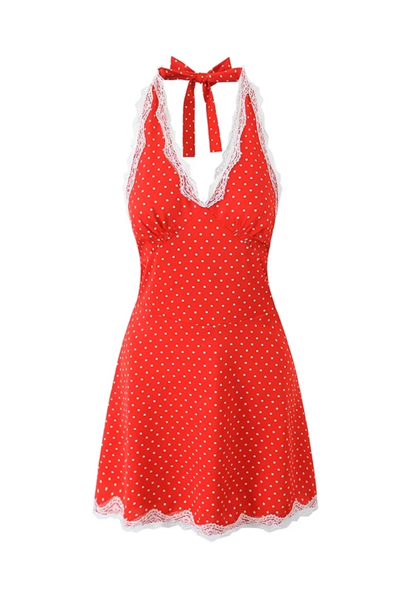 Lottie Red Polka Dot Halter Mini Dress | Jewelclues