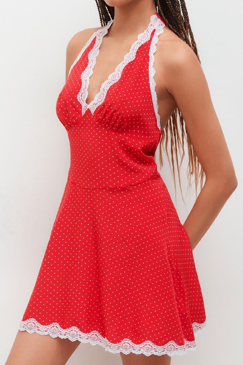 Lottie Red Polka Dot Halter Mini Dress | Jewelclues