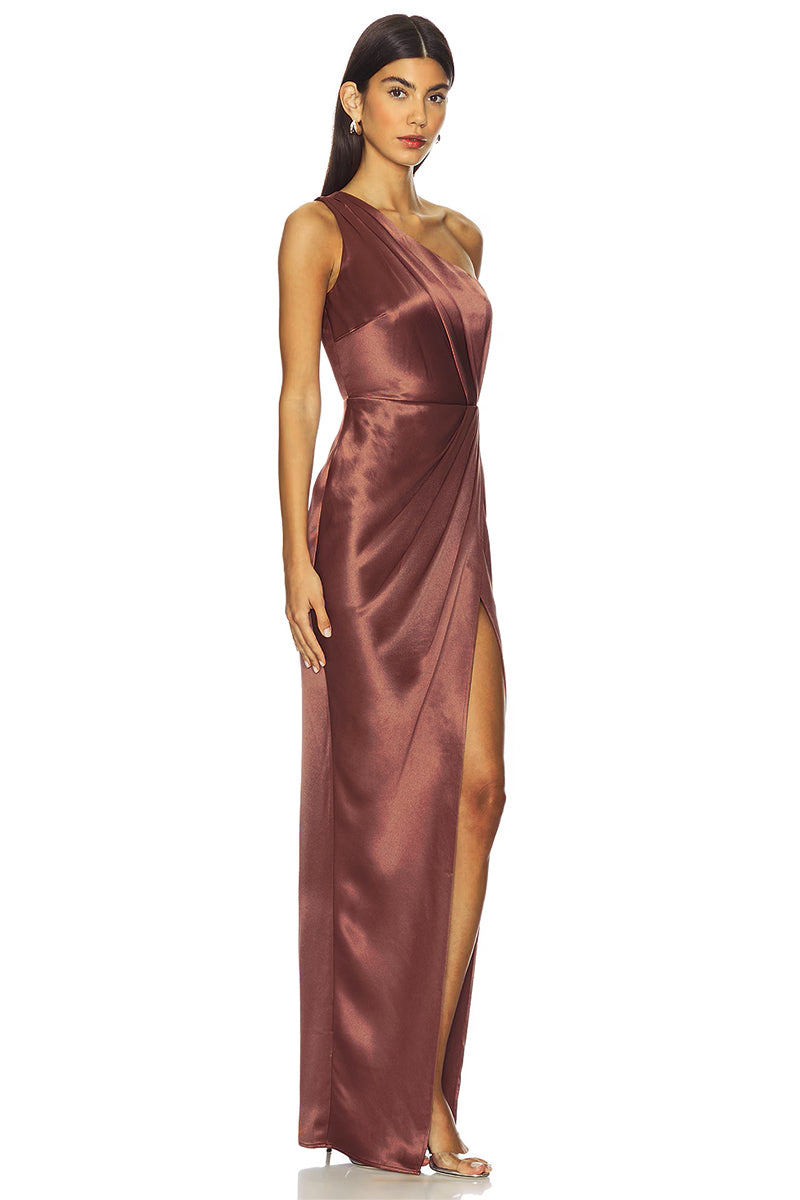 Refined Elegance Satin One-Shoulder Maxi Dress | Jewelclues #color_brown