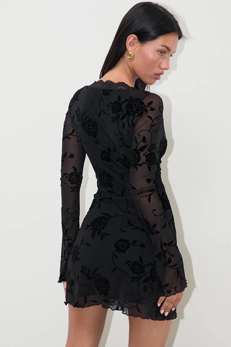 Romantic Instincts Black Mesh Long Sleeve Mini Dress | Jewelclues