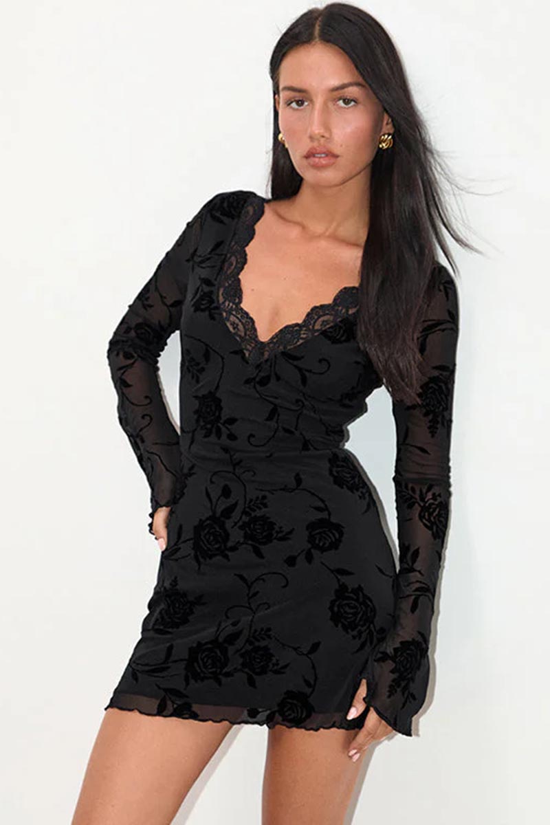 Romantic Instincts Black Mesh Long Sleeve Mini Dress | Jewelclues