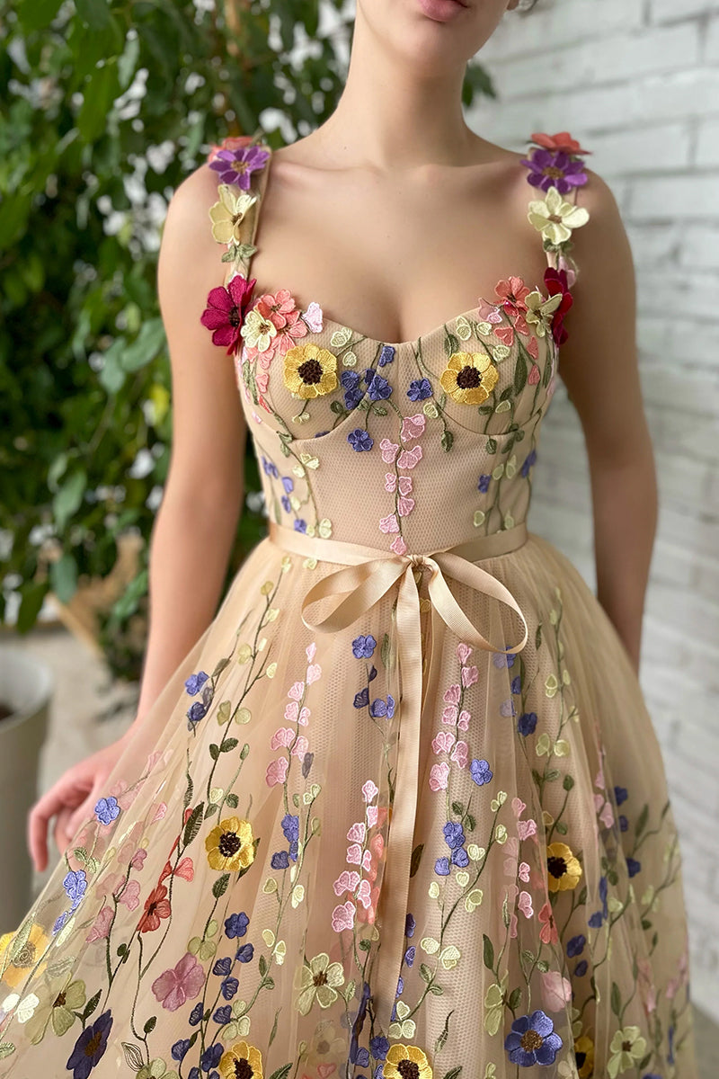 The full bloom shop embroidered dress in champagne