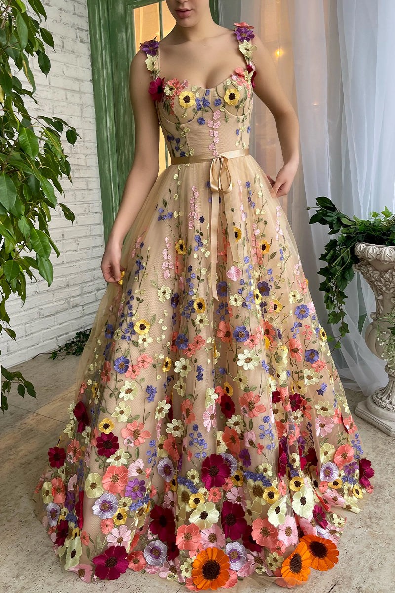 The full bloom shop embroidered dress in champagne