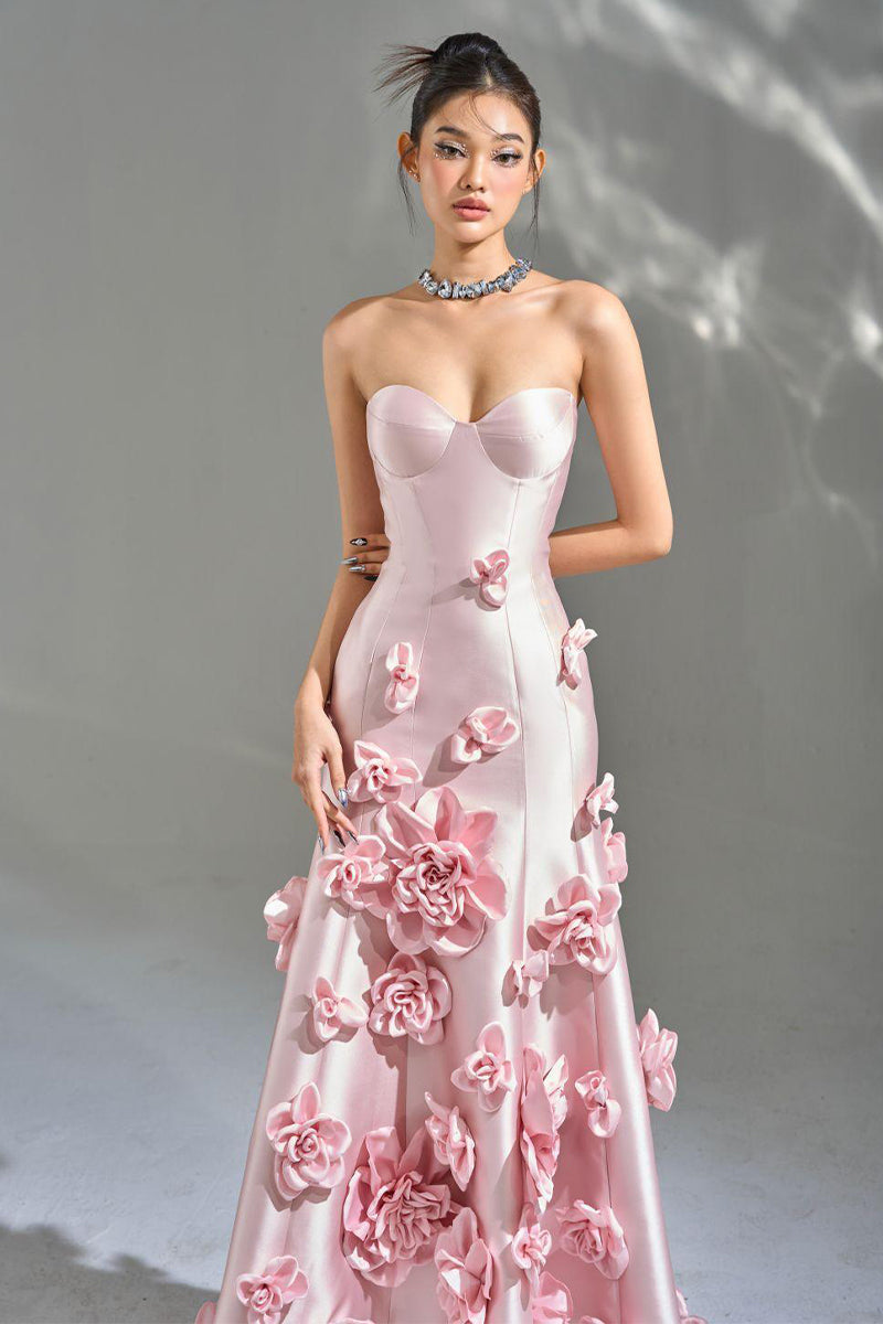 Samara 3D Floral Strapless Maxi Dress | Jewelclues