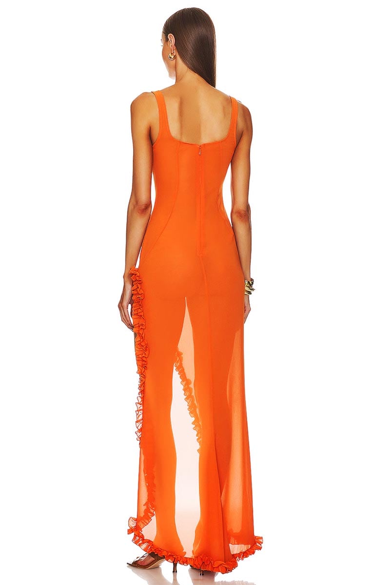 Sheer Sophistication Orange Asymmetric Maxi Dress | Jewelclues