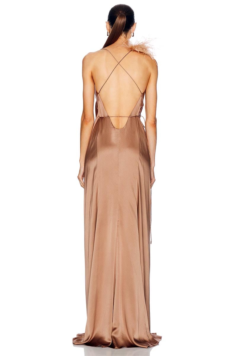 Tatev Satin Wrap Maxi Dress | Jewelclues #color_mocha