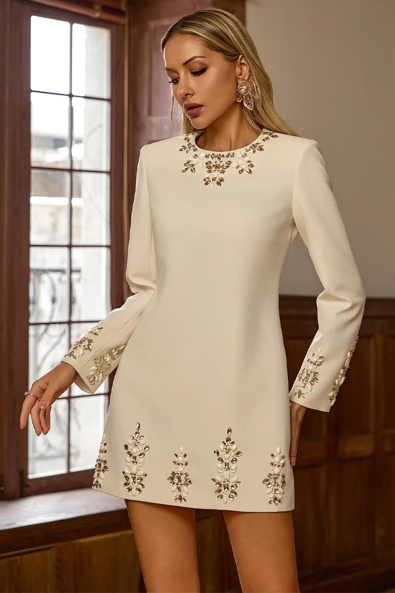 Upscale Stunner Rhinestone Long Sleeve Mini Dress | Jewelclues