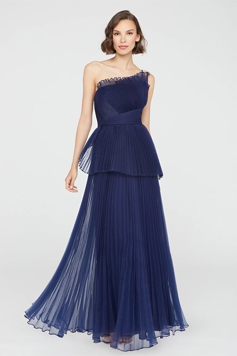 Valerie One-Shoulder Pleated Maxi Dress | Jewelclues #color_navy blue