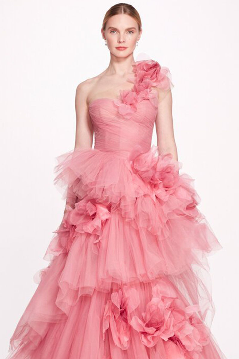 Isabella One Shoulder 3D Floral Soft Tulle Gown Pink Custom