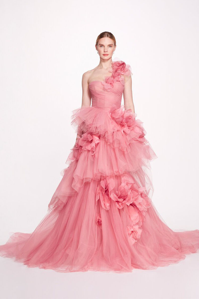 Isabella One shoulder 3D Floral Soft Tulle Gown